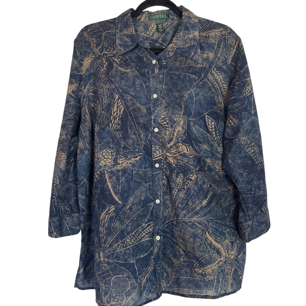 Ralph Lauren Blue and Tan Tropical Botanical Patterned 2X Button Down Shirt
